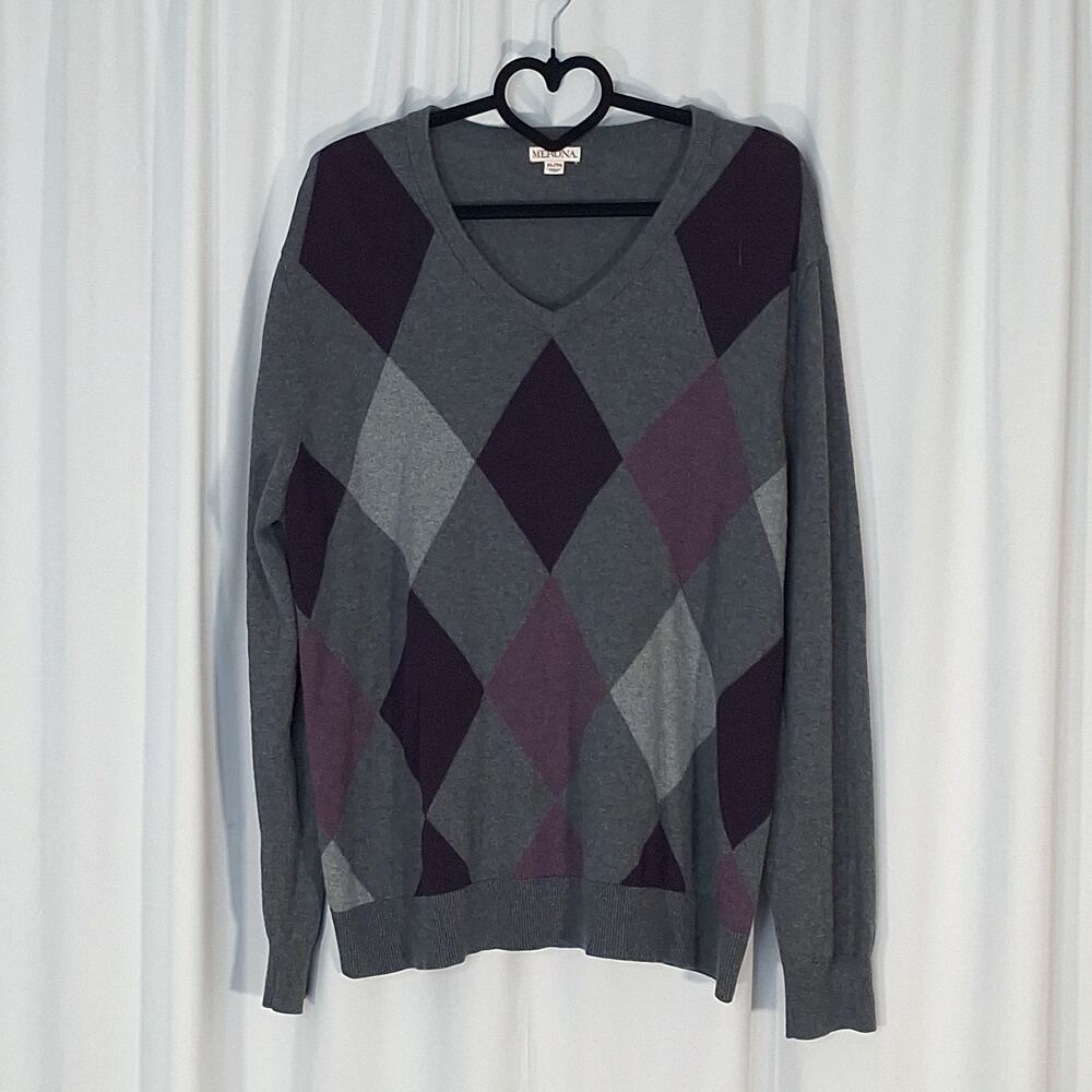 Merona Men’s XL Gray Purple Argyle V-Neck Sweater Lightweight Cotton Preppy